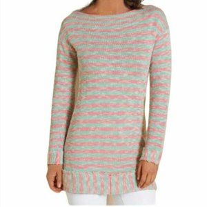 COPY - Soft Surroundings Stripped Tunic Marina Boatneck Long Sweater Raw Hem Co…
